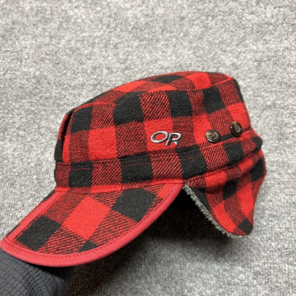 Outdoor Research Hat Army Cap Fitted Mens Large Red Plaid Ear Flap Fleece Winter